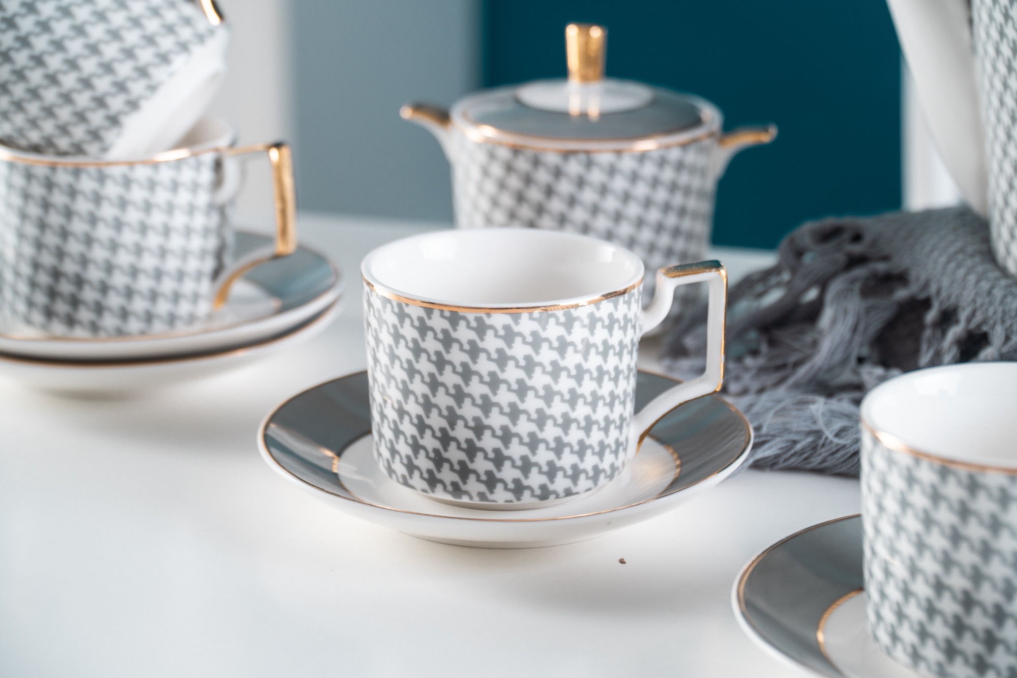 Nordic Luxury Textile Pattern Ceramic Coffee Cup Tea Cup And Saucer 11 Pcs Afternoon Tea Set