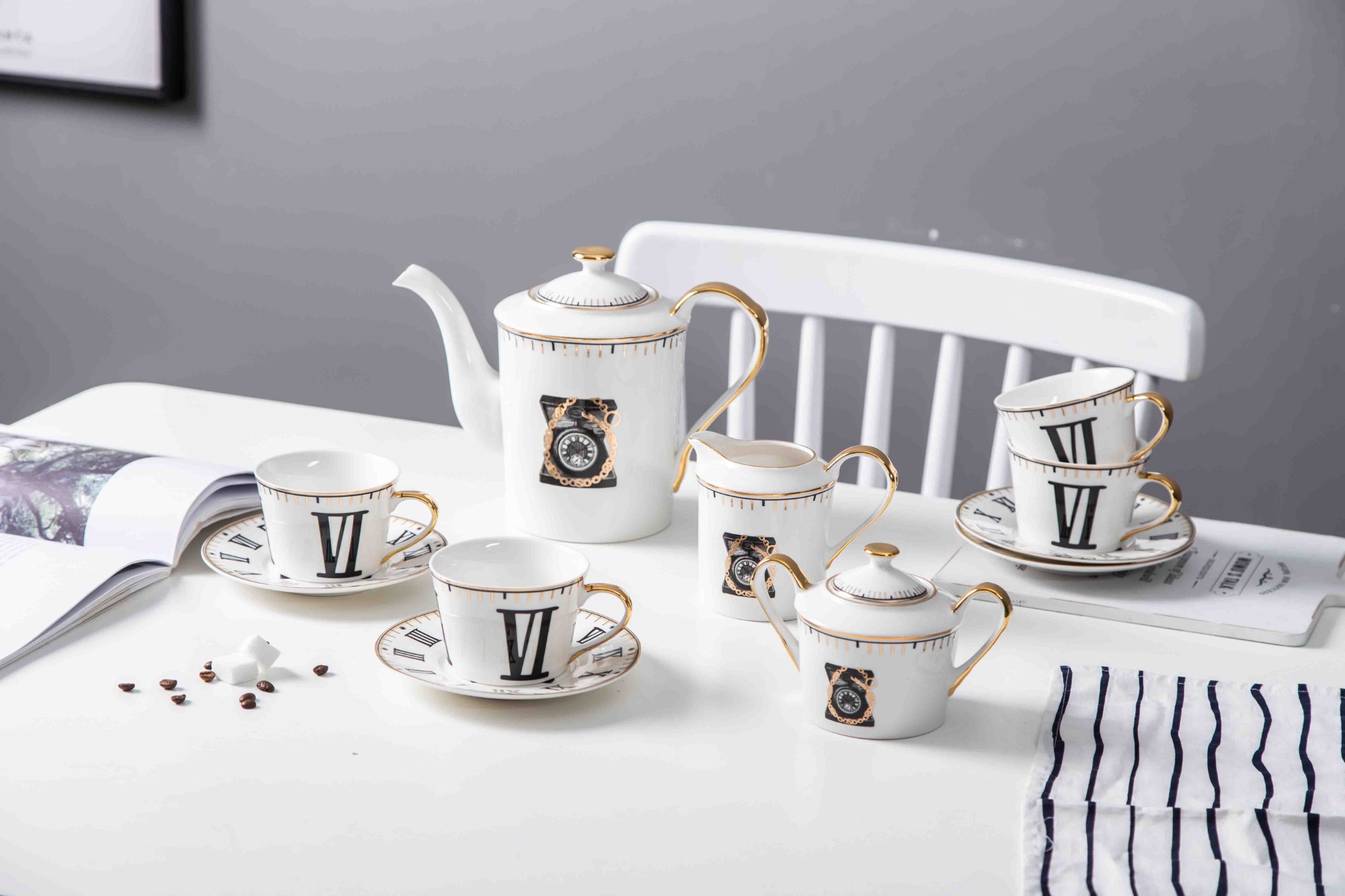 Roman Numeral Clock Design Exquisite Ceramic Coffee Cup Tea Cup And Saucer 11 Pcs Afternoon Tea Set