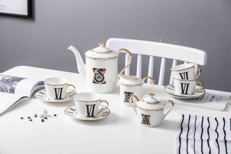 Roman Numeral Clock Design Exquisite Ceramic Coffee Cup Tea Cup And Saucer 11 Pcs Afternoon Tea Set