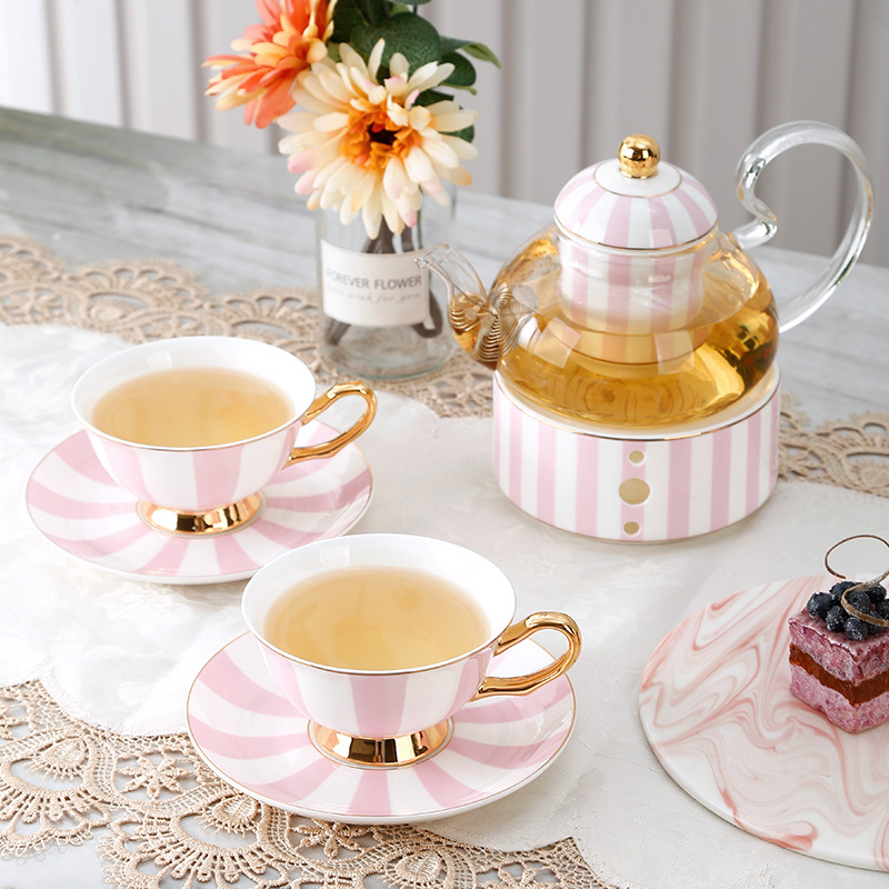 Nordic Stripe Polka Dot Design Ceramic Coffee Cup Tea Pot And Saucer 9 Pcs Afternoon Tea Set
