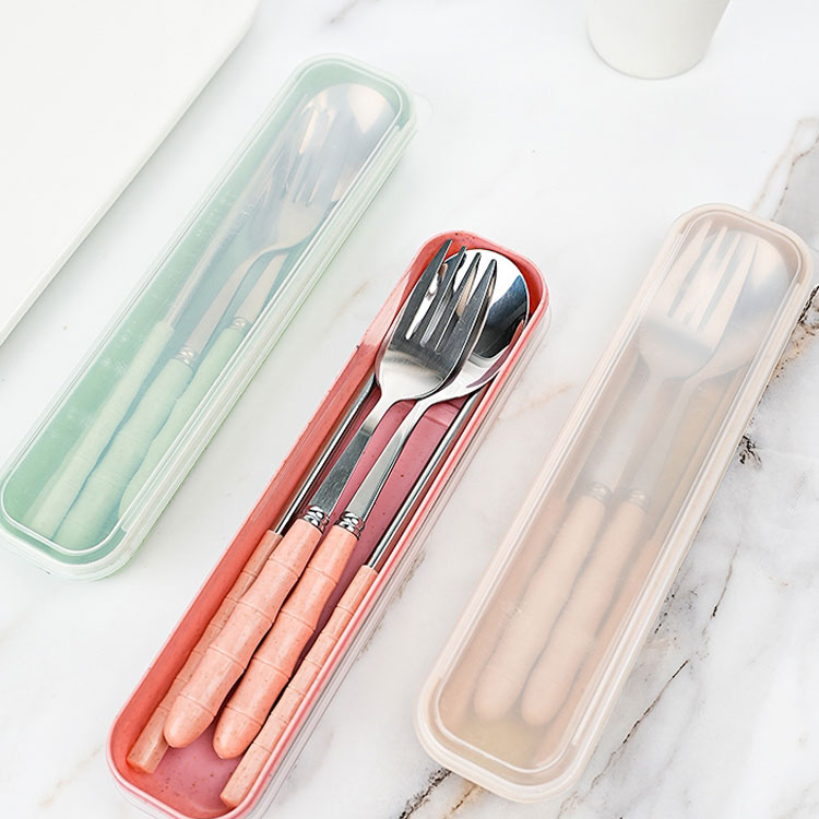 Three-piece stainless steel portable chopsticks, fork, spoon and tableware set for student travel portable bamboo tableware set