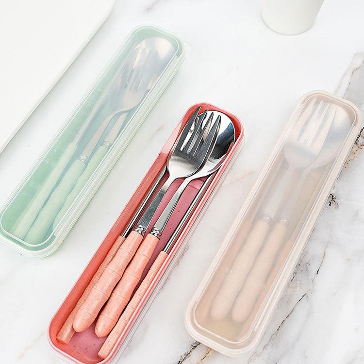 Three-piece stainless steel portable chopsticks, fork, spoon and tableware set for student travel portable bamboo tableware set