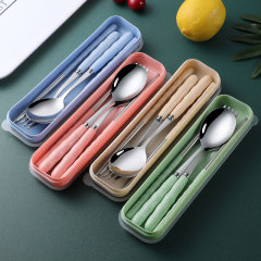 Three-piece stainless steel portable chopsticks, fork, spoon and tableware set for student travel portable bamboo tableware set