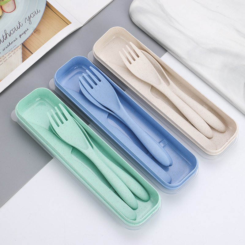 Wheat straw portable tableware set student children fork spoon knife set outdoor travel wheat straw dinnerware sets