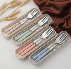 Three-piece stainless steel portable chopsticks, fork, spoon and tableware set for student travel portable bamboo tableware set