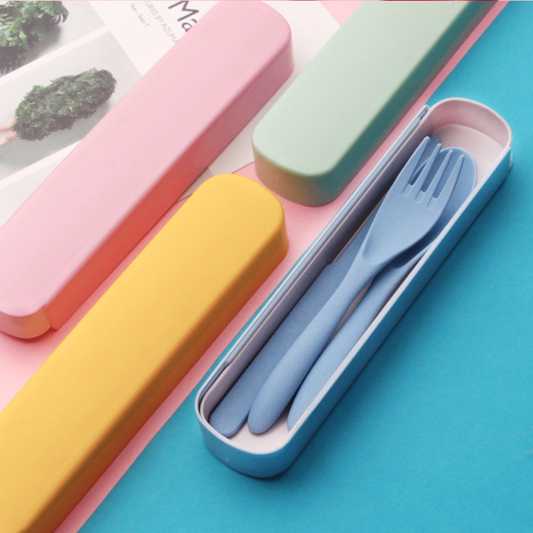 Pull-out three-piece wheat straw children's tableware office worker student travel portable knife fork and spoon