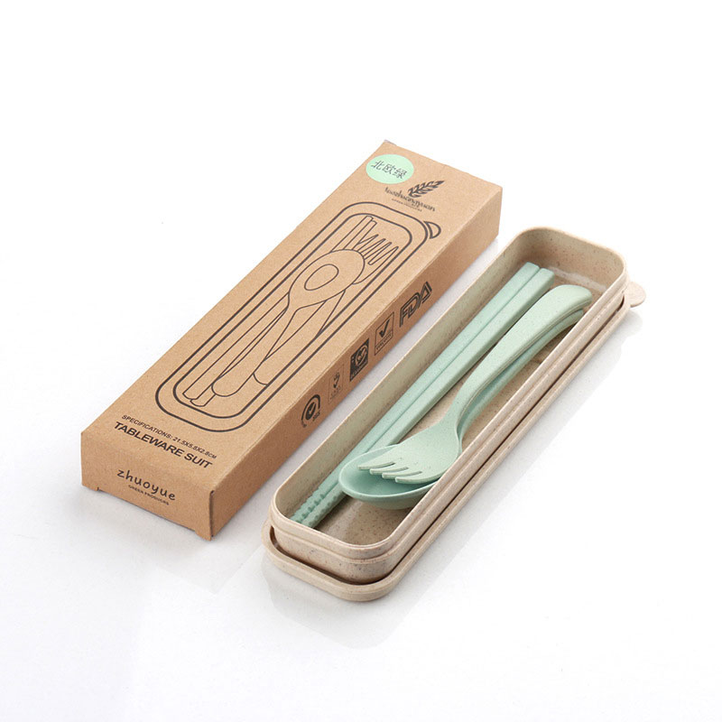 Environmental protection wheat straw travel student chopsticks spoon fork set tableware three-piece boxed