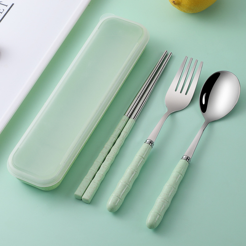 Three-piece stainless steel portable chopsticks, fork, spoon and tableware set for student travel portable bamboo tableware set