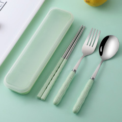 Three-piece stainless steel portable chopsticks, fork, spoon and tableware set for student travel portable bamboo tableware set