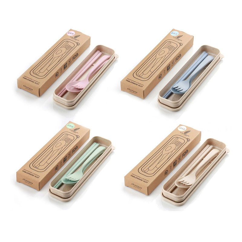 Environmental protection wheat straw travel student chopsticks spoon fork set tableware three-piece boxed