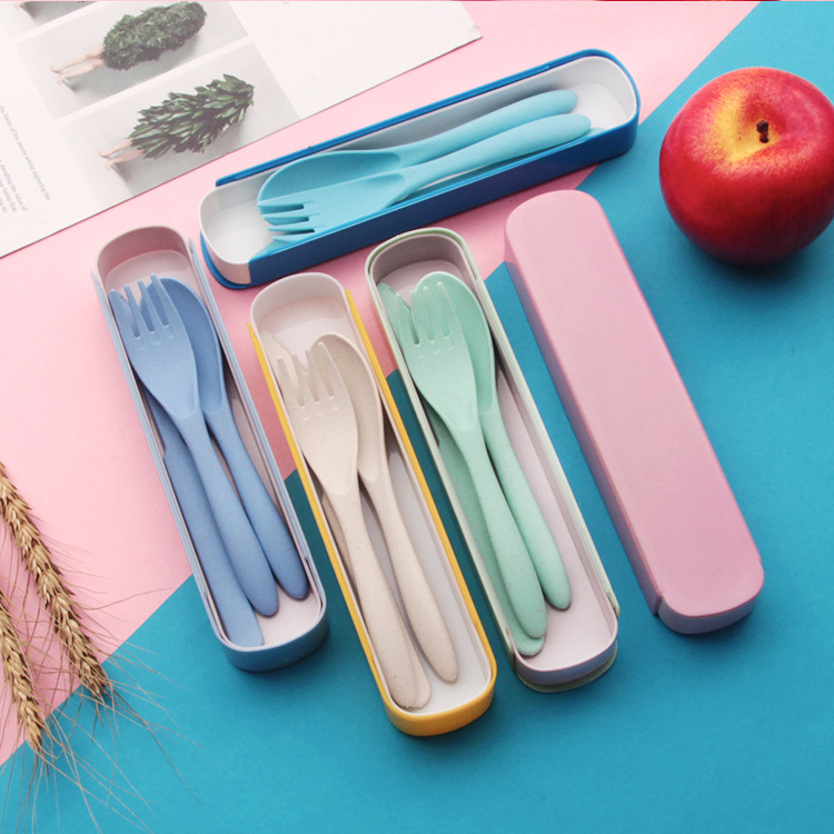 Pull-out three-piece wheat straw children's tableware office worker student travel portable knife fork and spoon