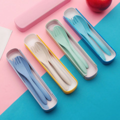Pull-out three-piece wheat straw children's tableware office worker student travel portable knife fork and spoon
