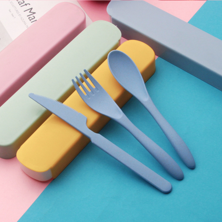 Pull-out three-piece wheat straw children's tableware office worker student travel portable knife fork and spoon