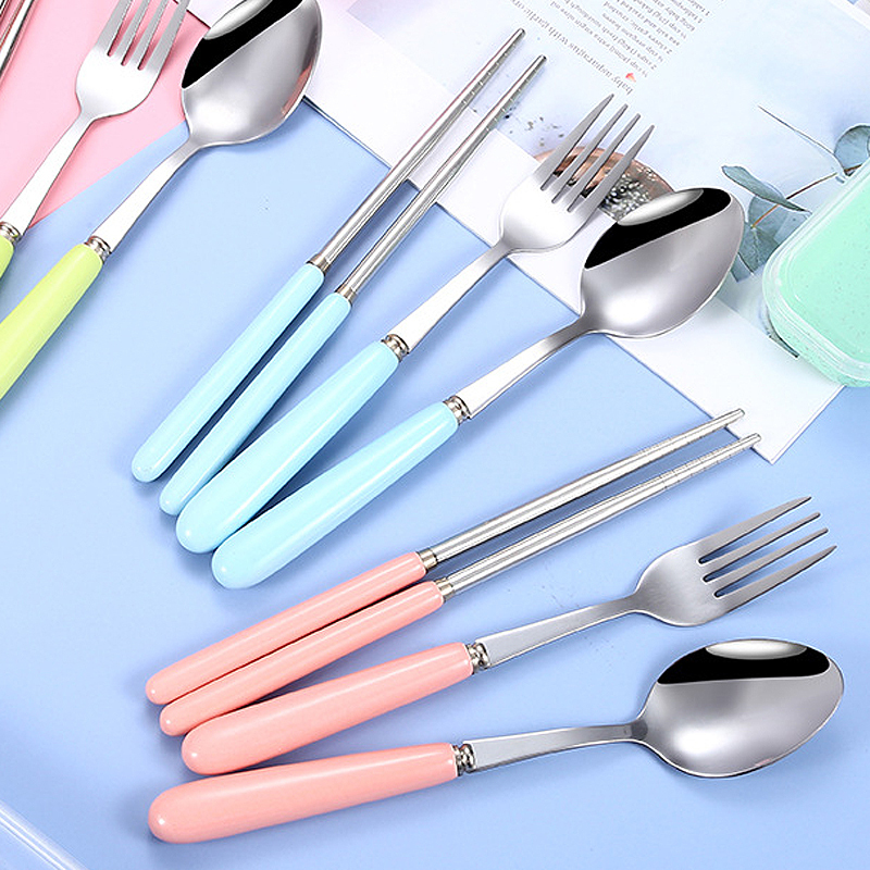 Candy color ceramic handle stainless steel tableware spoon fork chopsticks portable gift tableware set three-piece set