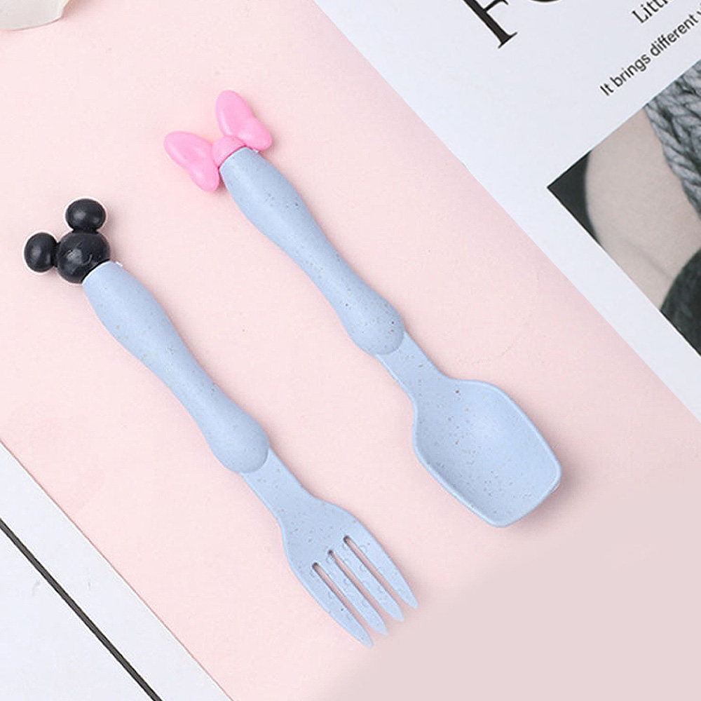 Wheat Straw Cartoon Baby Children Spoon Fork Cute Mickey Minnie Mouse Shape Plastic Baby Spoon Baby Feeding Spoon