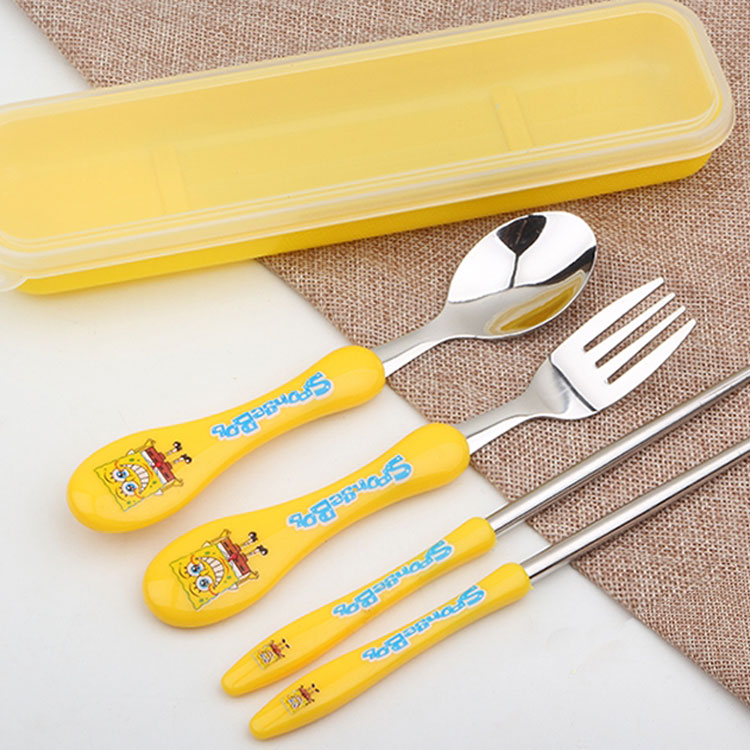 Cute cartoon children student portable tableware set stainless steel spoon fork chopsticks boxed three-piece set