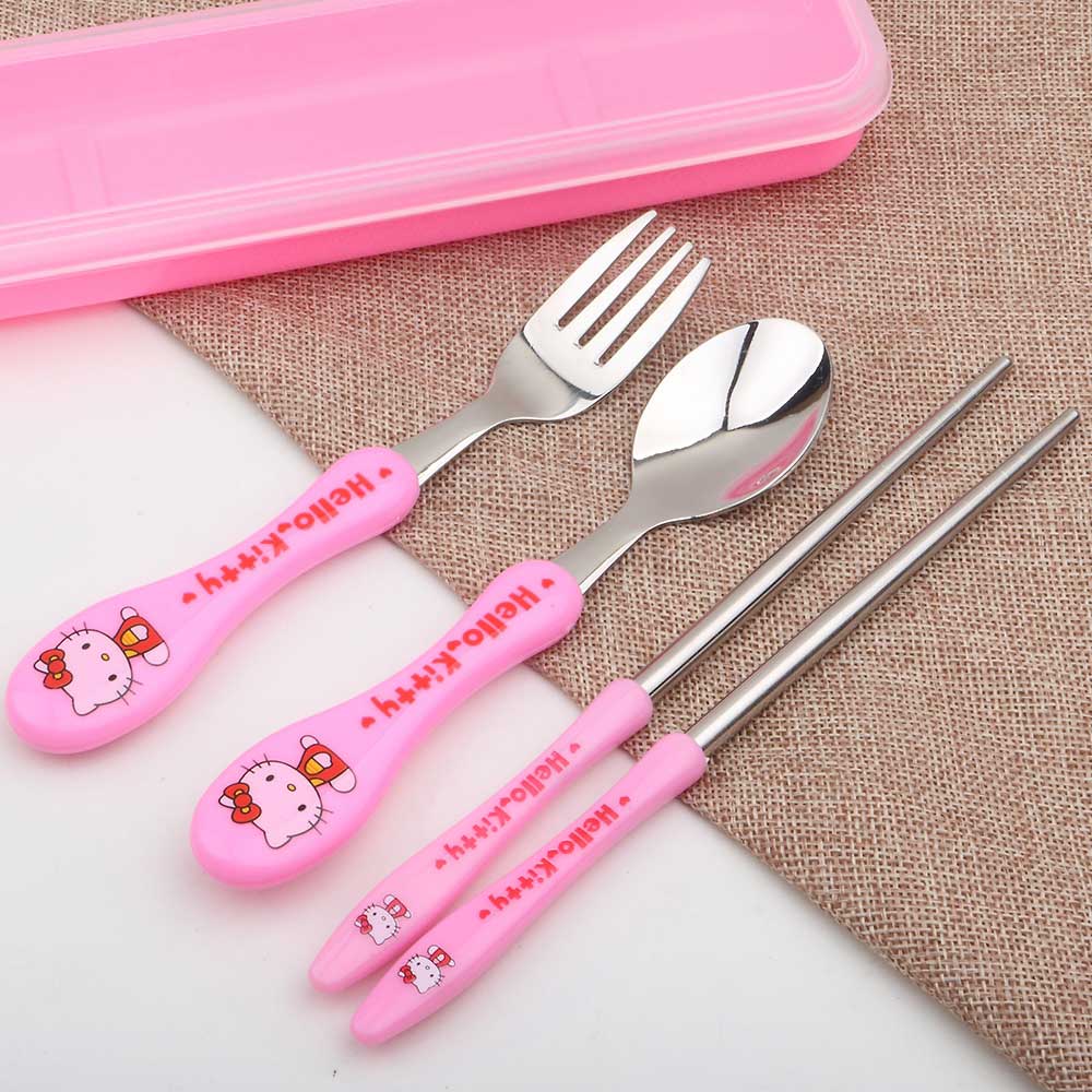 Cute cartoon children student portable tableware set stainless steel spoon fork chopsticks boxed three-piece set