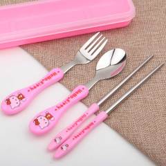 Cute cartoon children student portable tableware set stainless steel spoon fork chopsticks boxed three-piece set