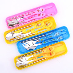 Cute cartoon children student portable tableware set stainless steel spoon fork chopsticks boxed three-piece set