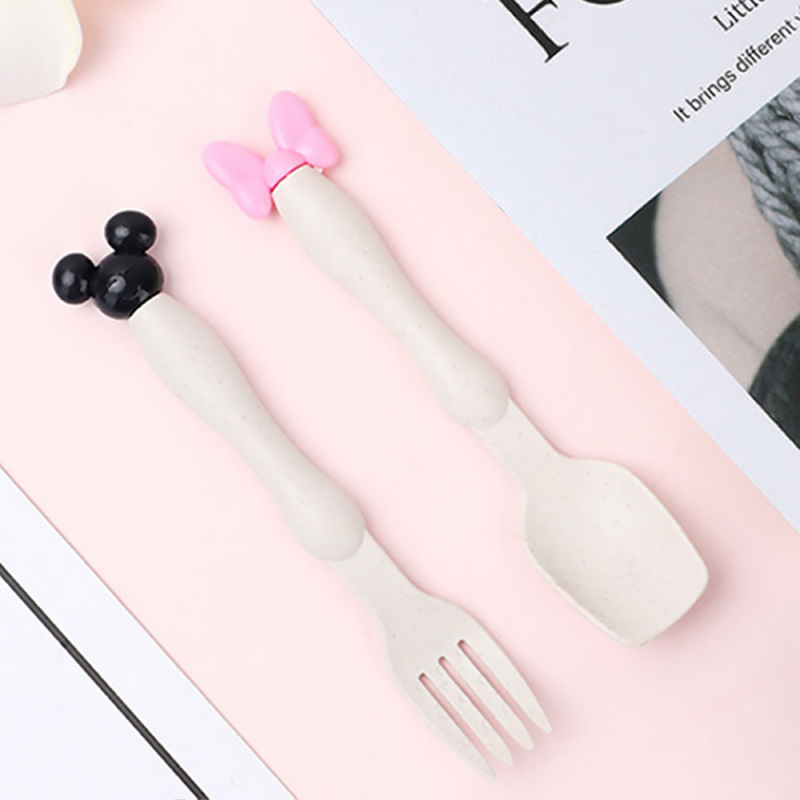 Wheat Straw Cartoon Baby Children Spoon Fork Cute Mickey Minnie Mouse Shape Plastic Baby Spoon Baby Feeding Spoon