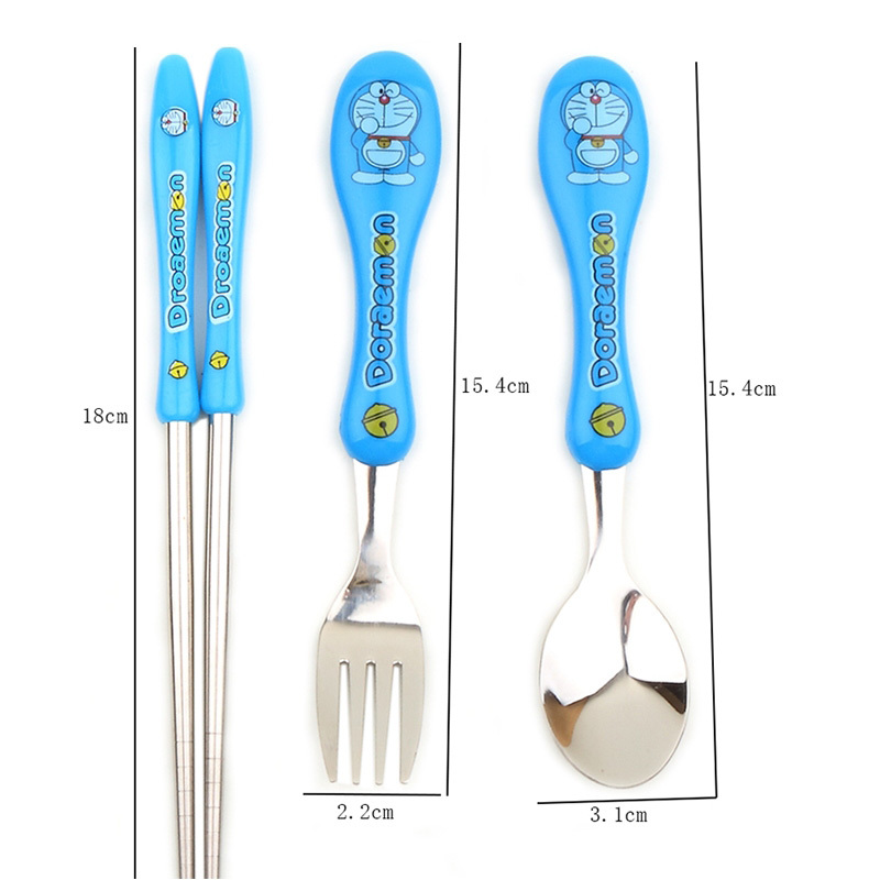 Cute cartoon children student portable tableware set stainless steel spoon fork chopsticks boxed three-piece set