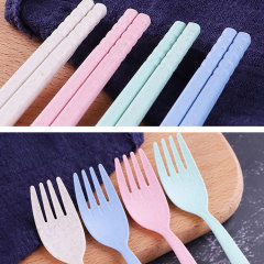 Wheat straw plastic tableware travel portable tableware three-piece children's anti-fall outdoor portable tableware set