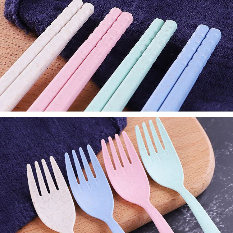 Wheat straw plastic tableware travel portable tableware three-piece children's anti-fall outdoor portable tableware set