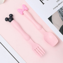 Wheat Straw Cartoon Baby Children Spoon Fork Cute Mickey Minnie Mouse Shape Plastic Baby Spoon Baby Feeding Spoon