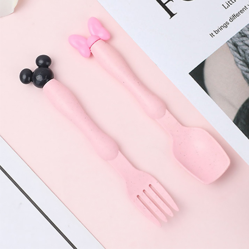 Wheat Straw Cartoon Baby Children Spoon Fork Cute Mickey Minnie Mouse Shape Plastic Baby Spoon Baby Feeding Spoon
