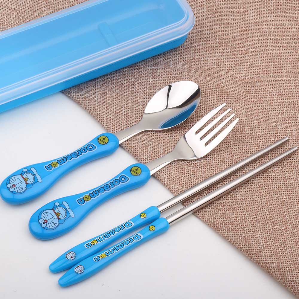 Cute cartoon children student portable tableware set stainless steel spoon fork chopsticks boxed three-piece set