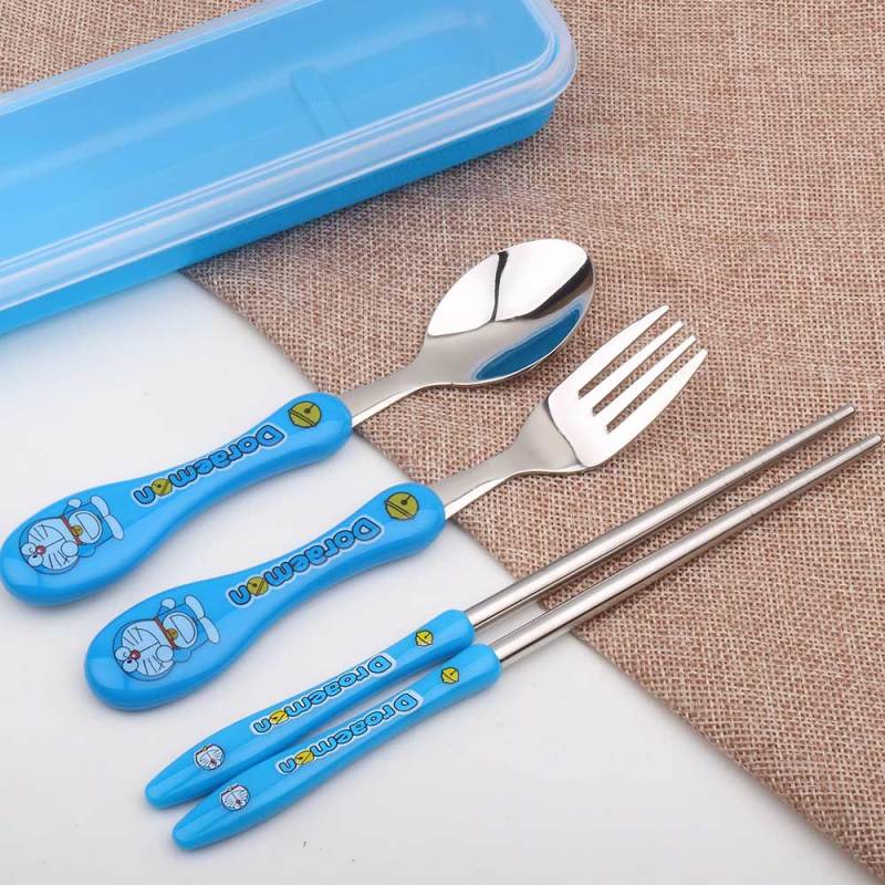 Cute cartoon children student portable tableware set stainless steel spoon fork chopsticks boxed three-piece set