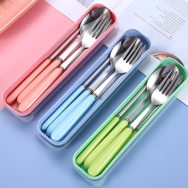Candy color ceramic handle stainless steel tableware spoon fork chopsticks portable gift tableware set three-piece set