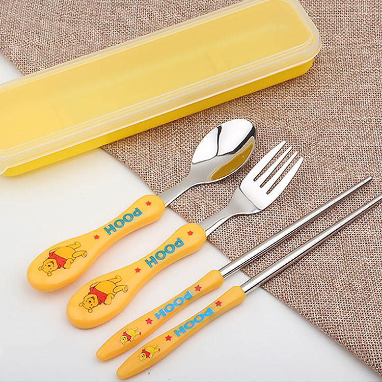 Cute cartoon children student portable tableware set stainless steel spoon fork chopsticks boxed three-piece set