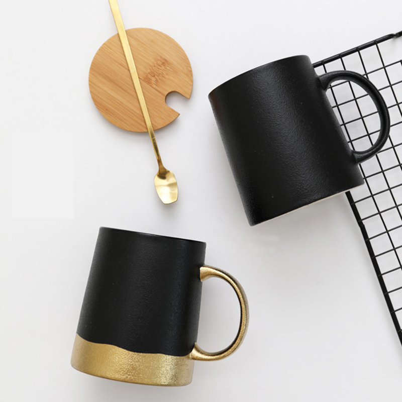 Modern Luxury Matte Black And Gold Ceramic Mug Porcelain Latte Coffee Mug Custom Tea Mug