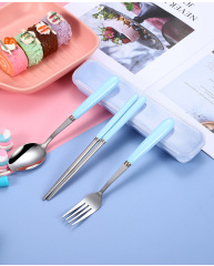 Candy color ceramic handle stainless steel tableware spoon fork chopsticks portable gift tableware set three-piece set