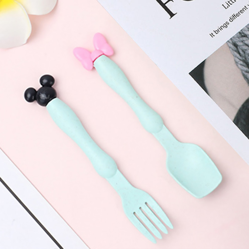 Wheat Straw Cartoon Baby Children Spoon Fork Cute Mickey Minnie Mouse Shape Plastic Baby Spoon Baby Feeding Spoon