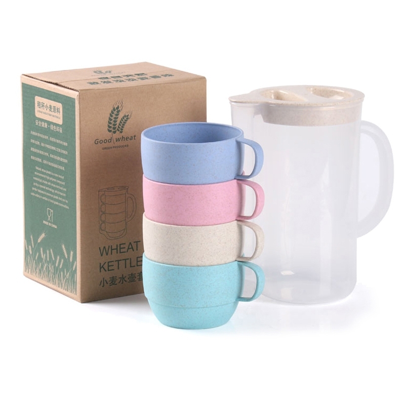 Eco-friendly biodegradable wheat kettle set coffee milk cup Nordic four colors drinkware tea cups & saucers
