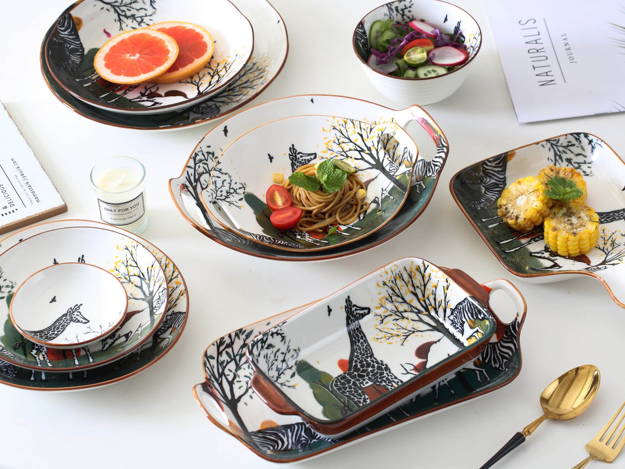 Nordic Animal Design 11.75'' Rectangular Deep Dish Ceramic Tableware Set Family Hotel Restaurant Porcelain Dinnerware Set