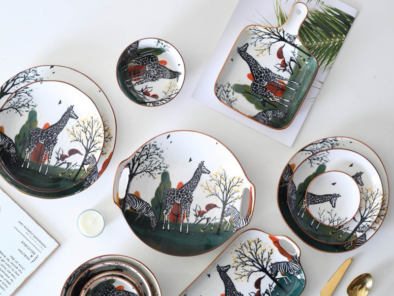 Ceramic Tableware Set 9'' Rectangular Baking Dish Nordic Forest Animal Design Family Hotel Restaurant Porcelain Dinnerware Set