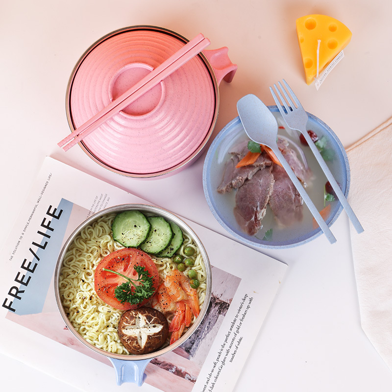 Instant noodle bowl set household instant noodle bowl with lid PP wheat 304 stainless steel kitchen accessories Bowls
