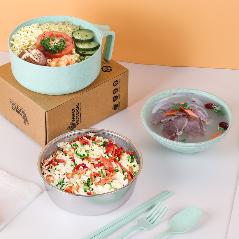 Instant noodle bowl set household instant noodle bowl with lid PP wheat 304 stainless steel kitchen accessories Bowls