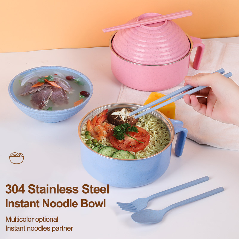 Instant noodle bowl set household instant noodle bowl with lid PP wheat 304 stainless steel kitchen accessories Bowls