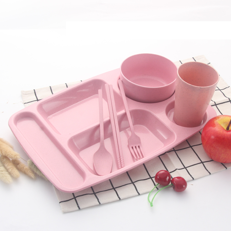 Environmental protection children's wheat straw bowls and dishes drop-proof and heat-resistant tableware six-piece set