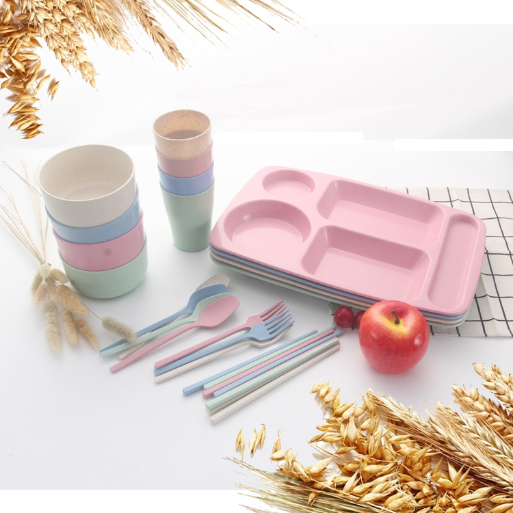 Environmental protection children's wheat straw bowls and dishes drop-proof and heat-resistant tableware six-piece set
