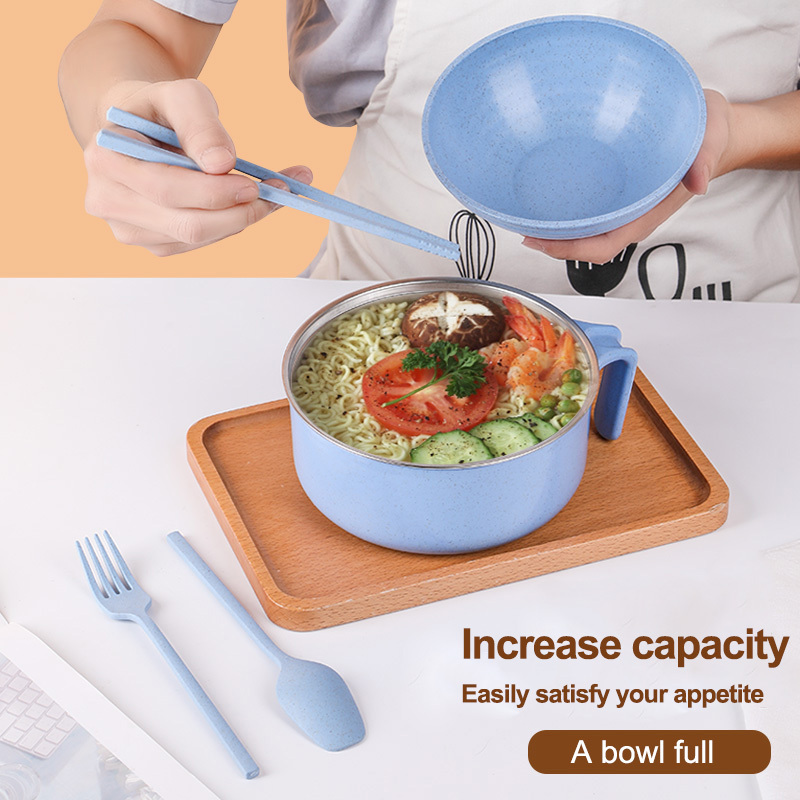 Instant noodle bowl set household instant noodle bowl with lid PP wheat 304 stainless steel kitchen accessories Bowls