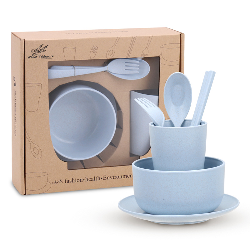 Wheat straw tableware set Plastic PP wheat fiber instant noodle bowl cup dish spoon fork chopsticks six-piece set