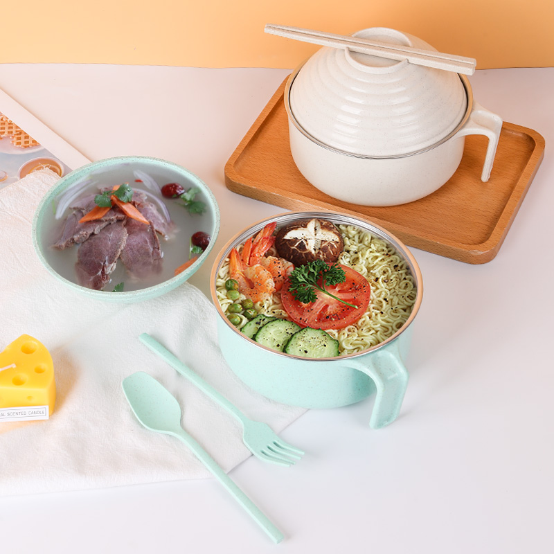 Instant noodle bowl set household instant noodle bowl with lid PP wheat 304 stainless steel kitchen accessories Bowls
