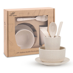 Wheat straw tableware set Plastic PP wheat fiber instant noodle bowl cup dish spoon fork chopsticks six-piece set