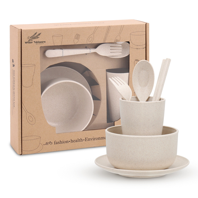Wheat straw tableware set Plastic PP wheat fiber instant noodle bowl cup dish spoon fork chopsticks six-piece set
