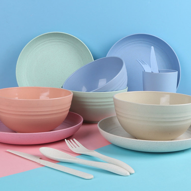 Wholesale 29 pieces of wheat straw bowls cups spoons forks chopsticks cutlery cutlery set wheat straw cutlery set plate dish